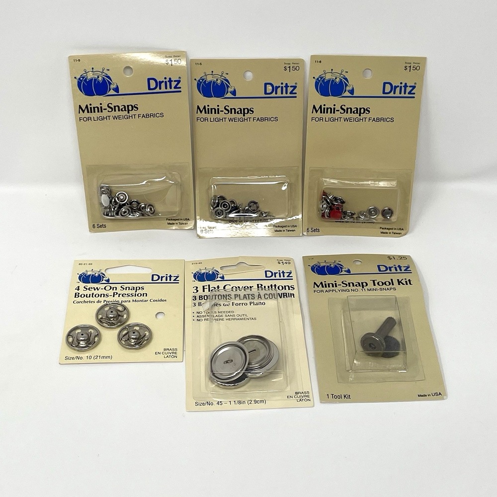 Vintage Dritz Sewing Notions Lot Mini Snaps Tool Kit Flat Cover Sew-On Buttons